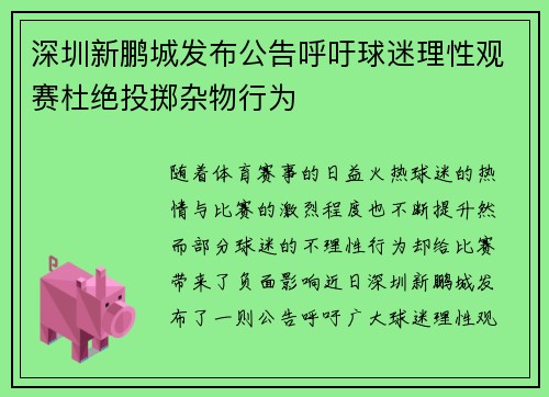 深圳新鹏城发布公告呼吁球迷理性观赛杜绝投掷杂物行为