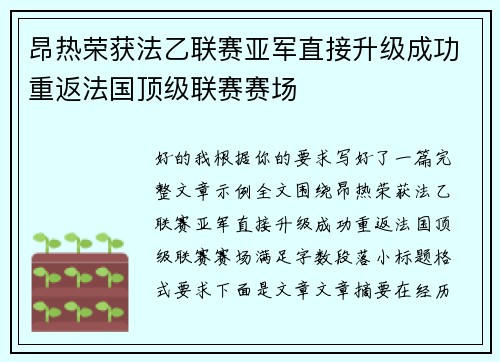 昂热荣获法乙联赛亚军直接升级成功重返法国顶级联赛赛场