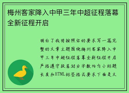 梅州客家降入中甲三年中超征程落幕全新征程开启